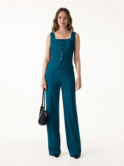 OGLmove 2Pcs Set Square Neck Waistcoat with Pockets & Wide Leg Ankled Pant Dark Marine XS